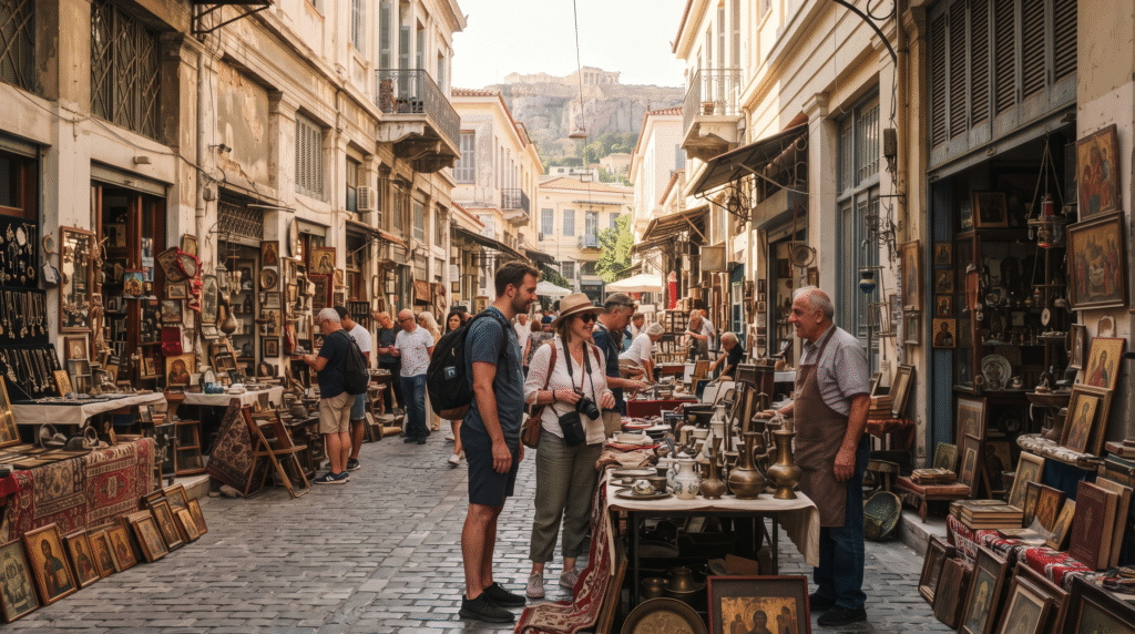 Photorealistic street photography of the Monastiraki Flea Market in Athens, Greece, adult travellers browsing vintage objects, handmade crafts, antiques and souvenirs at small outdoor stalls,