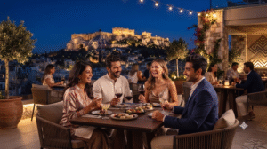 sophisticated nightlife photograph on a rooftop terrace in central Athens, Greece, group of adult friends enjoying dinner and drinks at an elegant rooftop restaurant