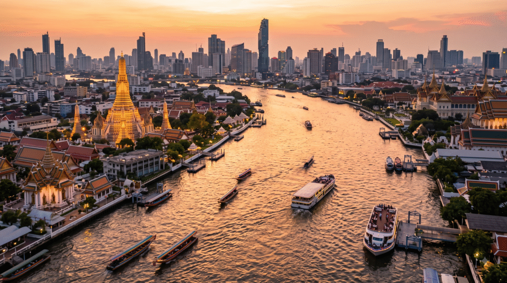 cinematic aerial travel photograph of the Chao Phraya River flowing through Bangkok, Thailand, traditional long-tail boats and elegant river cruise boats,