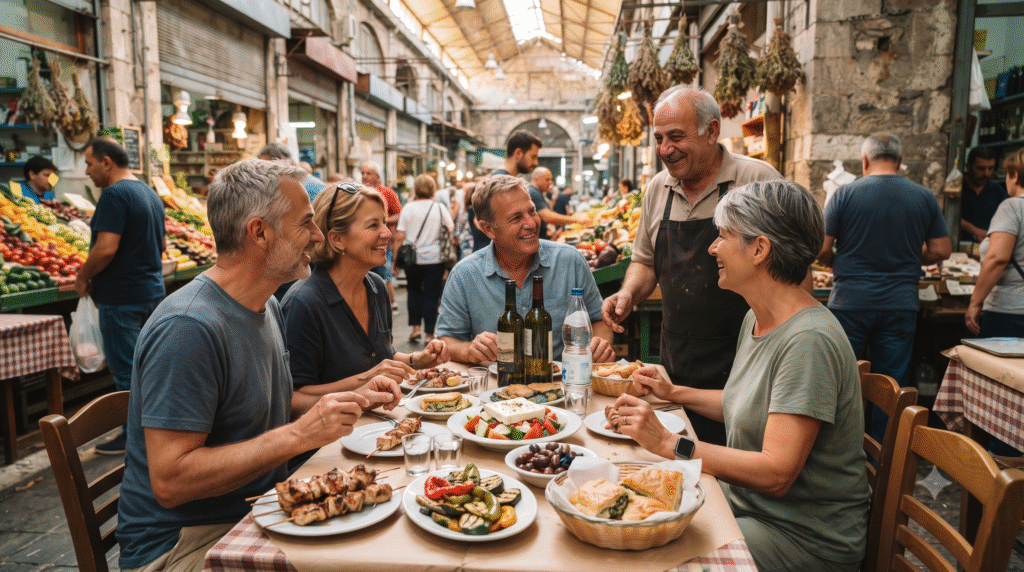 Photorealistic culinary travel photograph at a lively Athens food market, Greece, adult travellers sitting at a traditional Greek taverna table enjoying souvlaki,