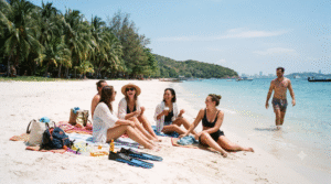 lifestyle photograph of adult friends enjoying a Coral Island day trip near Pattaya, Thailand, group sitting together on white sand beside turquoise water,