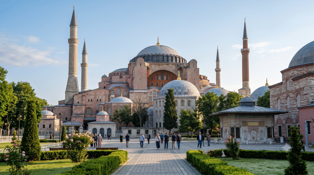 architectural photography of Hagia Sophia in Istanbul, Turkey, viewed from a beautiful landscaped courtyard, enormous historic dome rising