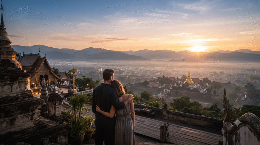 Photorealistic cinematic sunrise photograph from Doi Suthep overlooking Chiang Mai, Thailand, adult couple standing quietly at a mountain viewpoint watching the city emerge beneath layers of morning mist, distant mountains, golden sunrise illuminating the horizon, subtle temple architecture visible to one side, natural candid body language, atmospheric luxury travel photography, realistic sunrise colors, no beach, no text, no logo, 16:9.