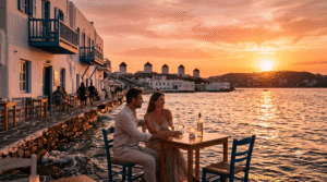 Ultra-realistic romantic sunset photograph from Little Venice in Mykonos, Greece, glowing orange sun descending toward the Aegean Sea,