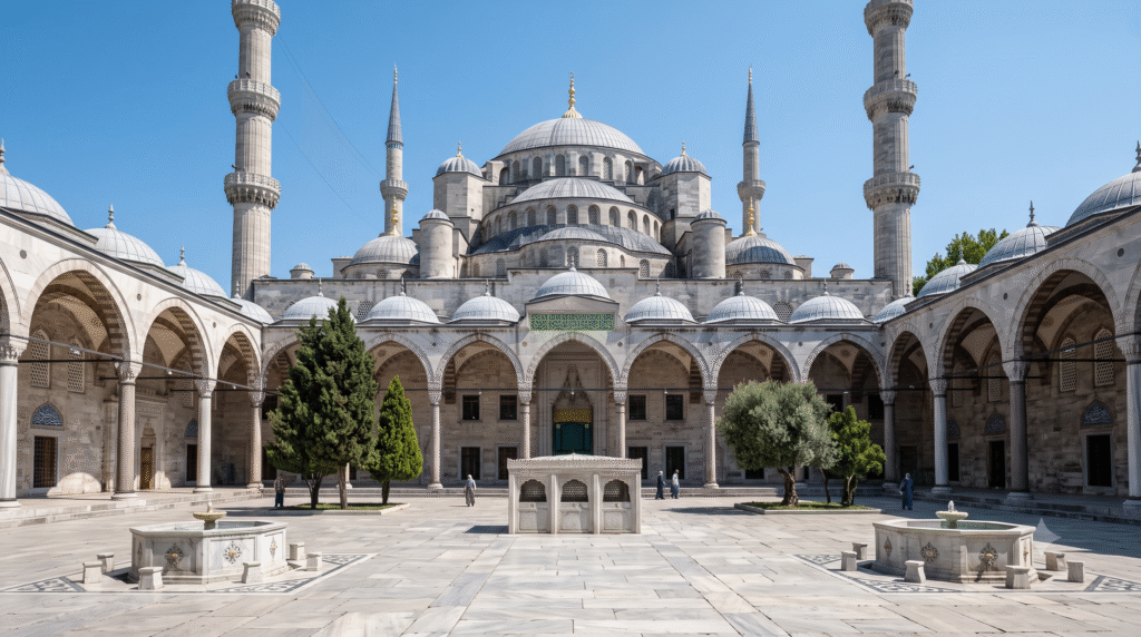 architectural photograph of the Blue Mosque in Istanbul, Turkey, magnificent cascading domes and six slender minarets framed against a bright blue sky,