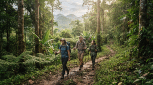 Photorealistic adventure travel photograph of three adult hikers walking along a narrow forest trail in the mountains surrounding Chiang Mai, Thailand, lush tropical vegetation, towering trees,