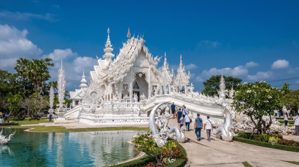 architectural travel photograph of Wat Rong Khun, the White Temple, in northern Thailand, brilliant white ornate temple architecture covered with intricate sculptural details, reflective decorative surfaces