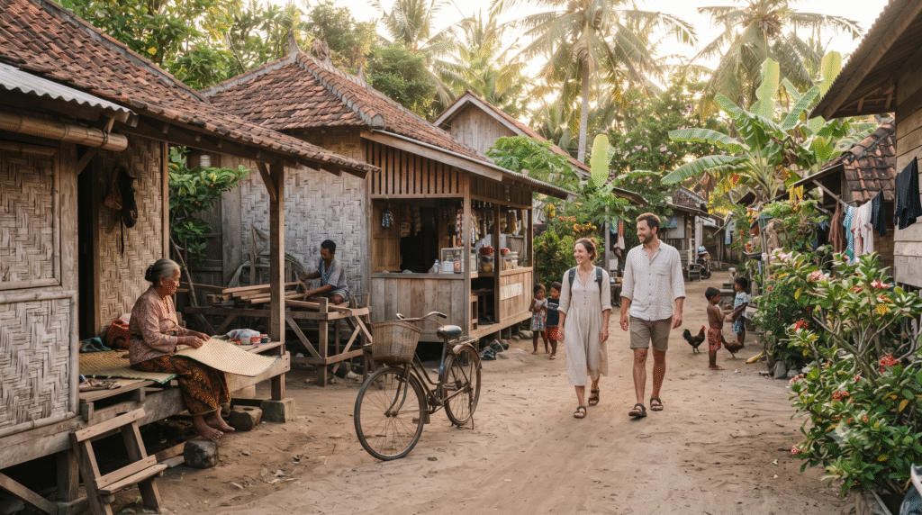 documentary travel photograph in a small village on Gili Air, Indonesia, local Indonesian residents going about everyday island life, traditional homes, tropical vegetation,