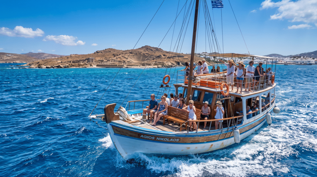 photograph of a traditional Greek excursion boat sailing from Mykonos