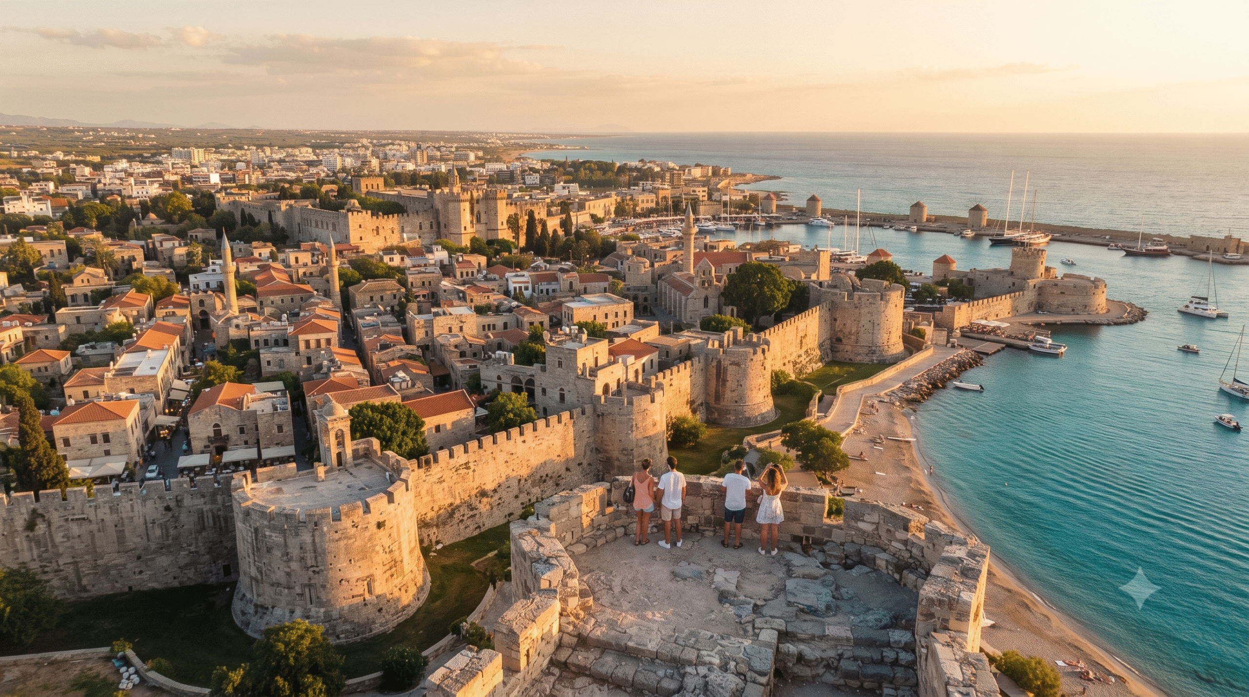 cinematic aerial travel photograph of Rhodes, Greece at golden hour, panoramic view of the medieval Old Town and historic stone fortifications leading toward the sparkling Aegean Sea