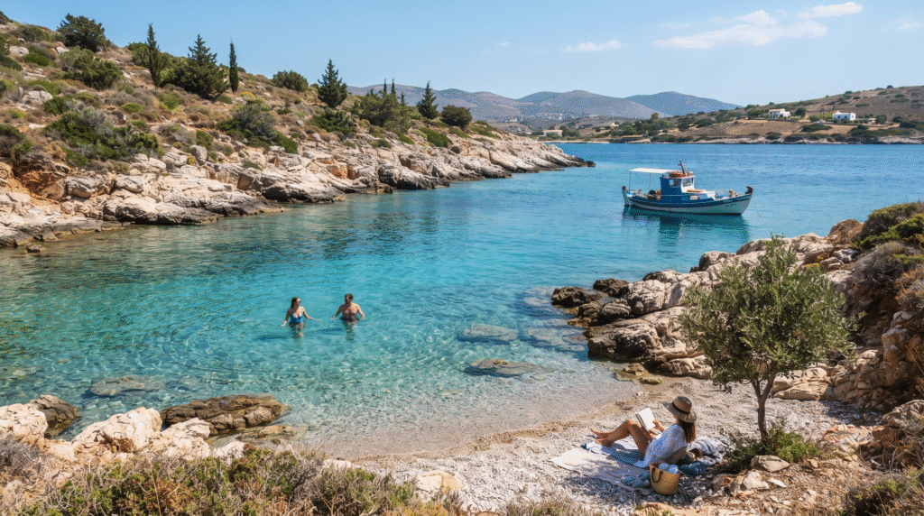 Mediterranean travel photograph of adult travellers enjoying a peaceful coastal day near Athens, Greece, crystal-clear Aegean Sea,