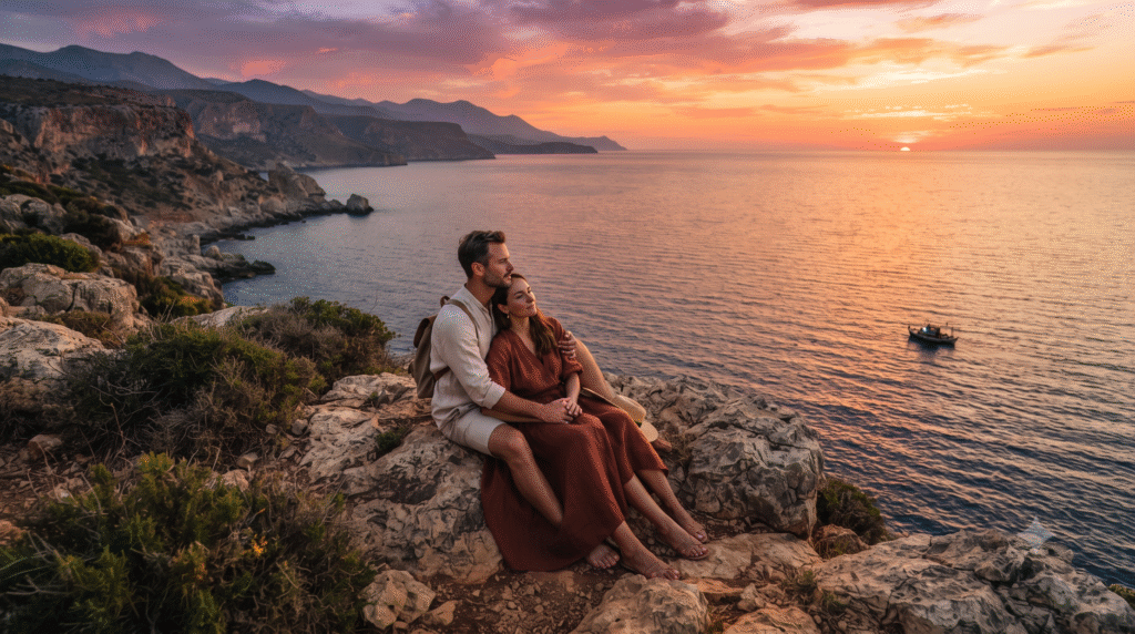 romantic sunset photograph on the coast of Crete, Greece, adult couple sitting together on a quiet rocky viewpoint overlooking the Cretan Sea, rugged coastline stretching into the distance, small fishing boat silhouetted offshore,