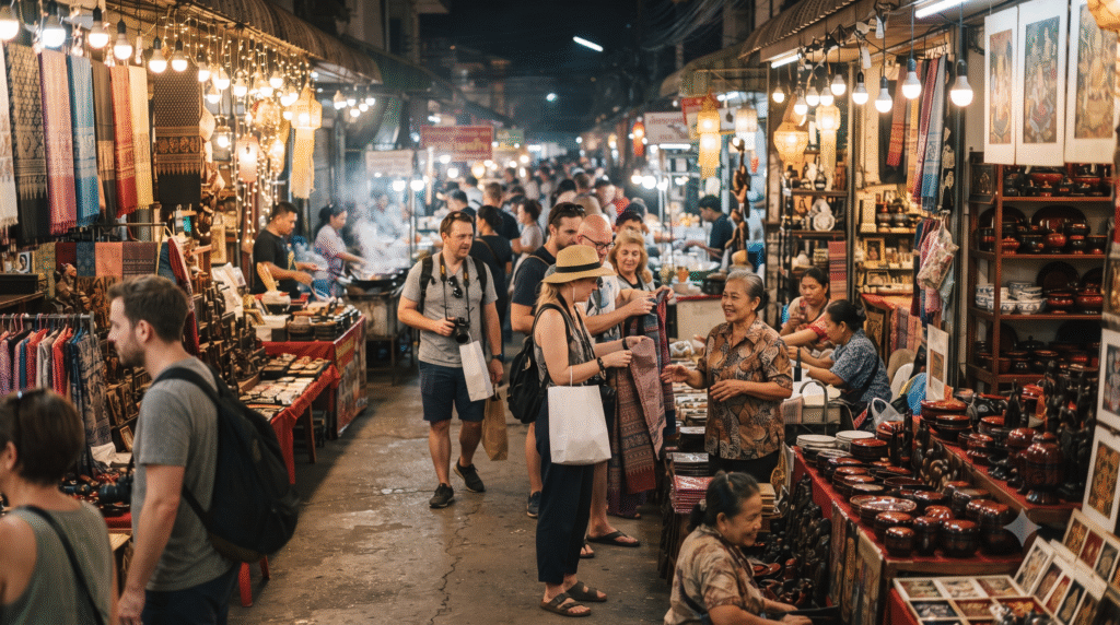 evening street photograph of Chiang Mai Night Bazaar, Thailand, lively market filled with adult travellers browsing handmade crafts and souvenirs