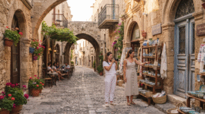lifestyle travel photograph of adult travellers exploring a quiet medieval lane in Rhodes Old Town, Greece, historic stone arches