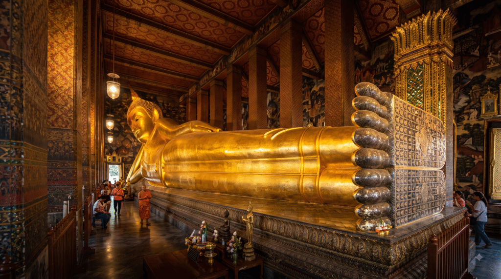 premium travel photograph inside Wat Pho in Bangkok, Thailand, enormous golden Reclining Buddha statue surrounded by intricate Thai temple architecture