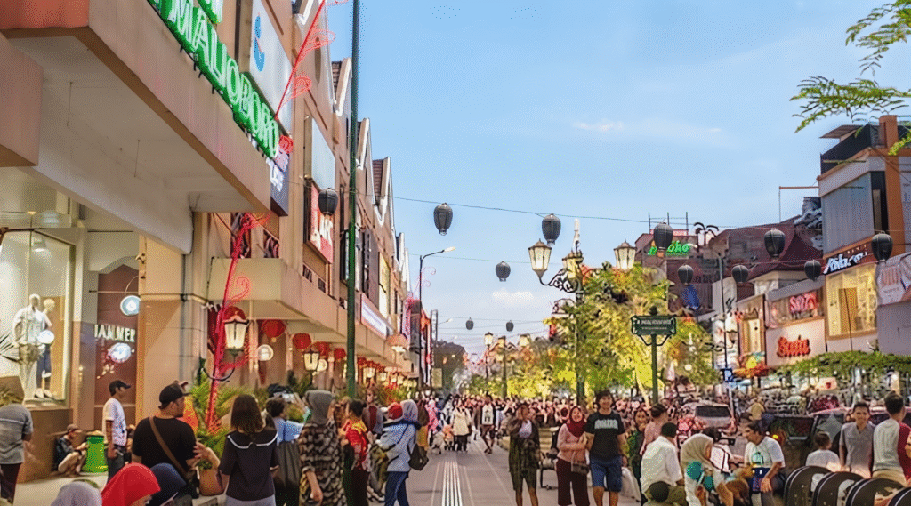 Yogyakarta's famous Malioboro Street, known for local shopping, traditional crafts, street food and the lively atmosphere of the city's cultural centre.