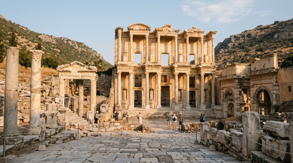Cinematic ultra-realistic photograph of the ancient city of Ephesus, Turkey, magnificent Library of Celsus with tall marble columns and ornate classical details dominating the scene, ancient stone pathway leading toward the ruins, subtle visitors exploring the archaeological site,