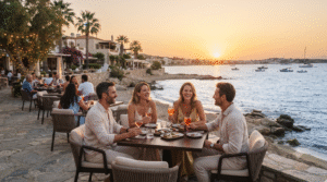 Photorealistic lifestyle travel photograph along the Athens Riviera, Greece, adult friends relaxing at a stylish seaside café overlooking the Aegean Sea, rocky Mediterranean shoreline