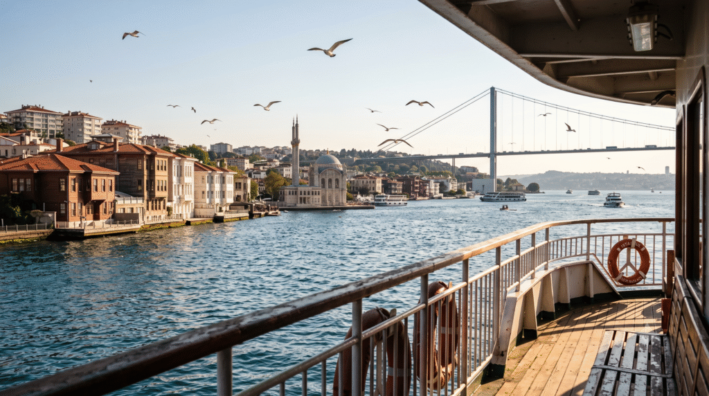 photograph taken from the deck of a traditional Istanbul ferry sailing along the Bosphorus Strait, Turkey, elegant Ottoman waterfront mansions on both sides, historic mosques rising above the shoreline,