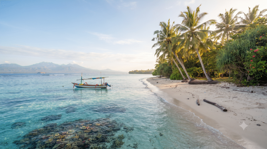 tropical beach scene at Gili Air, Indonesia, crystal-clear shallow turquoise water, soft white sand, palm trees leaning toward the sea,