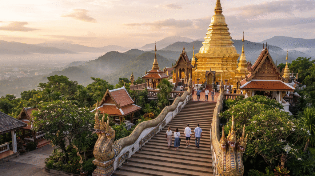 architectural travel photograph of Wat Phra That Doi Suthep in Chiang Mai, Thailand, magnificent golden temple chedi and ornate Lanna architecture