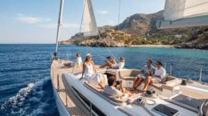luxury sailing travel photograph near Rhodes, Greece, elegant sailing boat moving across deep blue Aegean water,