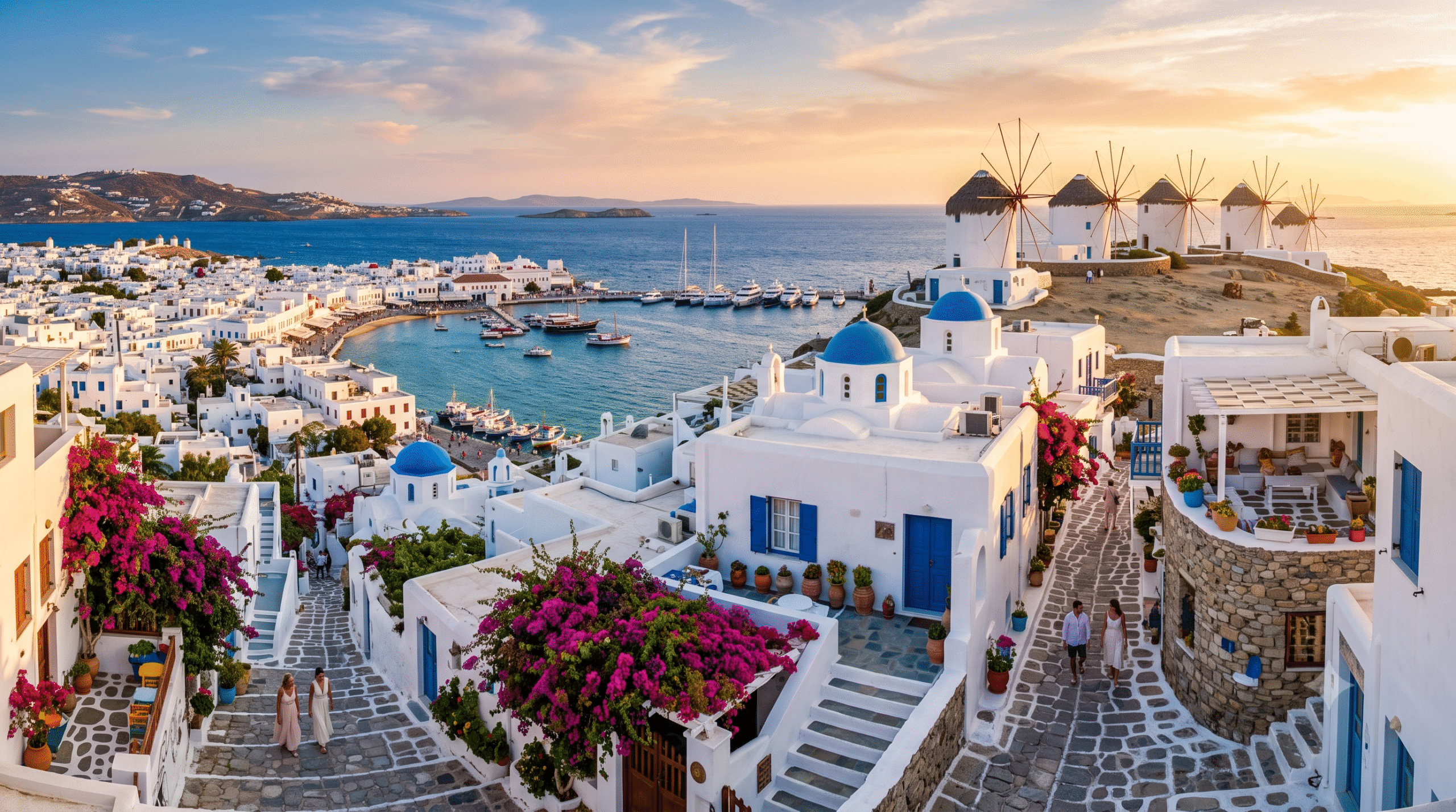 photograph of Mykonos, Greece, iconic whitewashed Cycladic buildings overlooking the brilliant blue Aegean Sea,