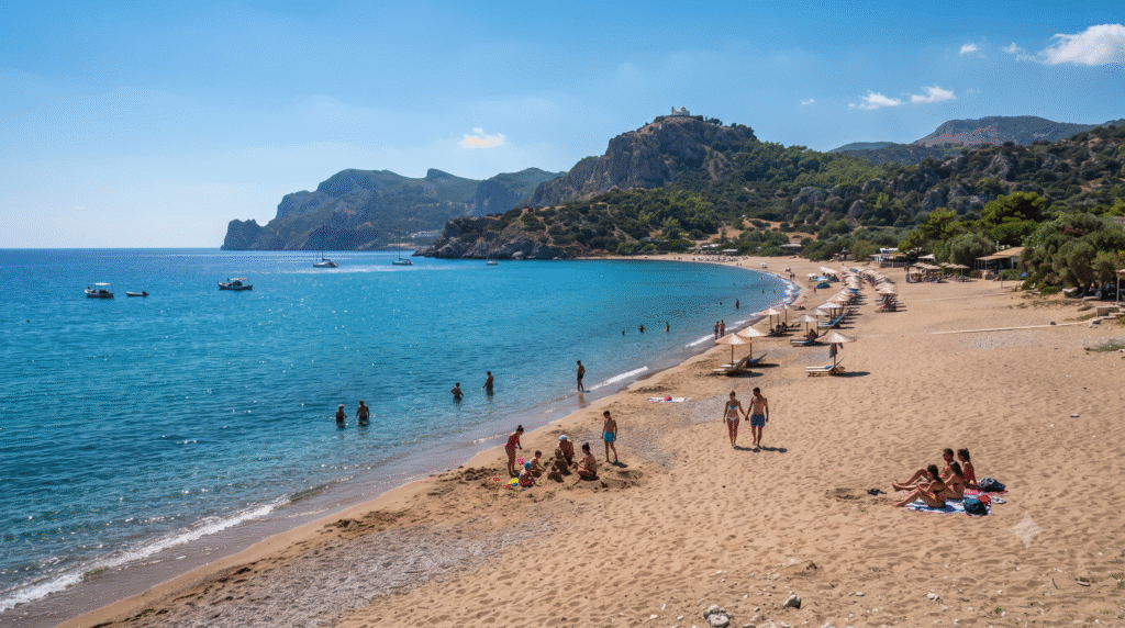 wide-angle beach travel photograph of Tsambika Beach in Rhodes, Greece, long golden sandy beach stretching beneath dramatic green hills,