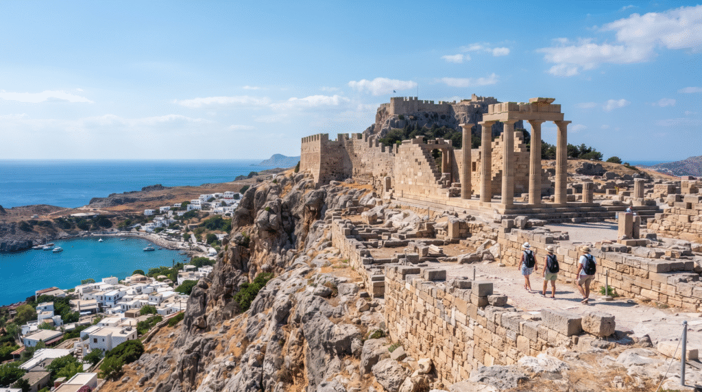 architectural travel photograph of the Acropolis of Lindos in Rhodes, Greece,