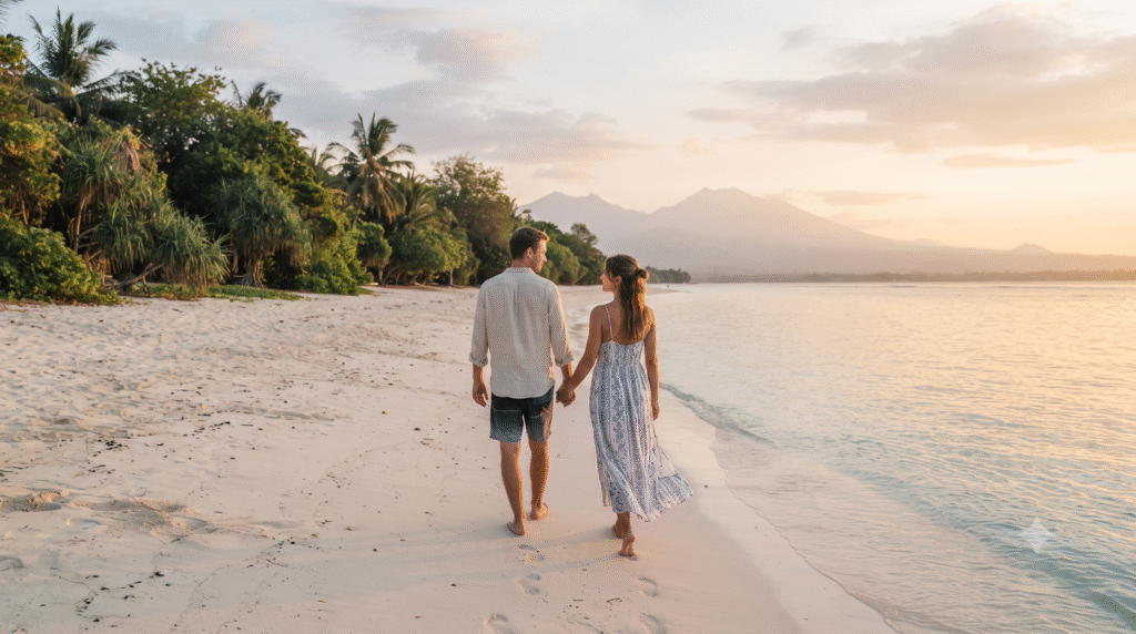 romantic travel photograph of a young adult couple walking barefoot hand-in-hand along a quiet white-sand beach on Gili Meno, Indonesia,