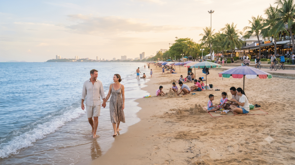 Photorealistic lifestyle travel photograph of Jomtien Beach, Pattaya, Thailand,