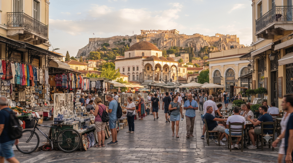 Photorealistic documentary travel photograph of Monastiraki Square in Athens, Greece, lively urban scene with adult travellers