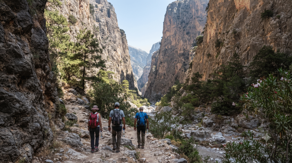 adventure travel photograph inside Samaria Gorge, Crete, Greece, towering rugged limestone cliffs rising dramatically on both sides of a narrow hiking trail,