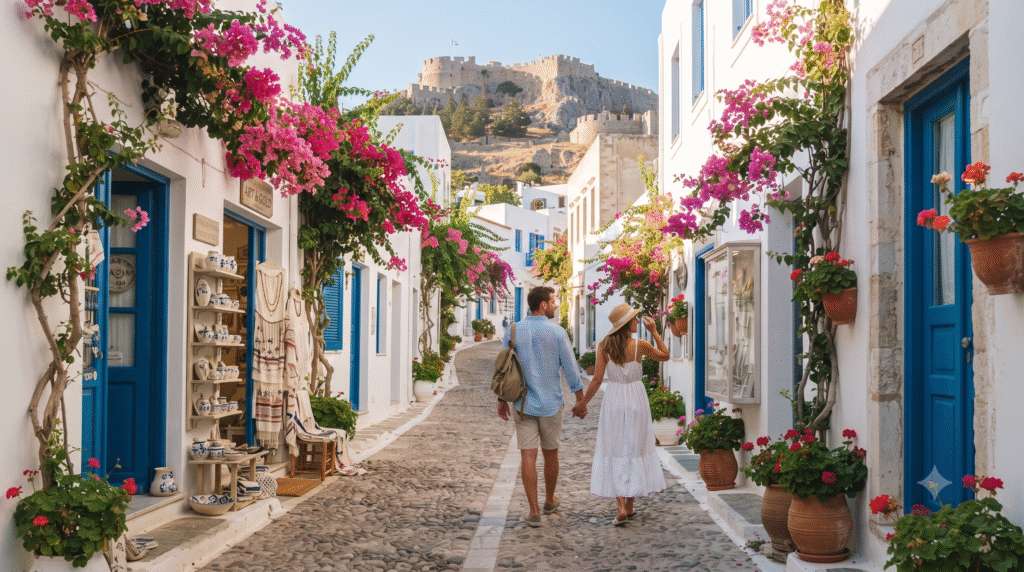 street-level travel photograph in Lindos village, Rhodes, Greece