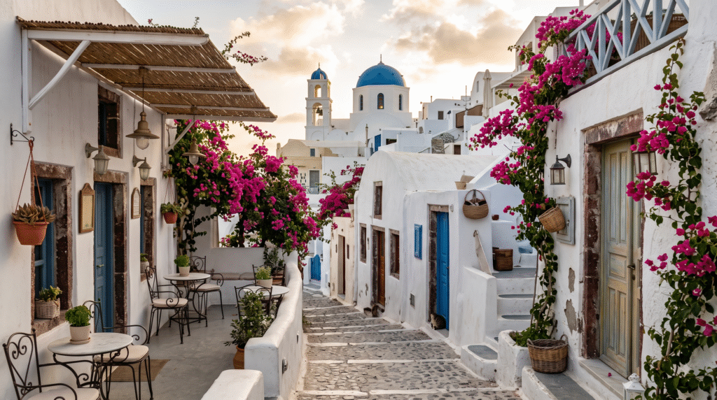 Photorealistic street-level view of Oia, Santorini, Greece,