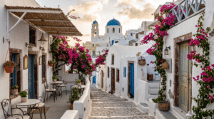 Photorealistic street-level view of Oia, Santorini, Greece,