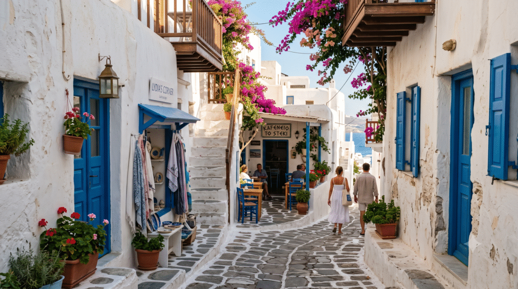 treet-level travel photograph inside Mykonos Town, Greece,