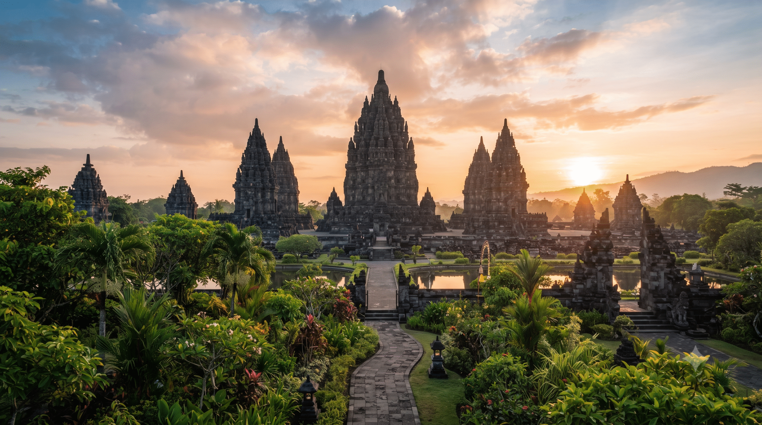 travel destination image of Yogyakarta, Indonesia, featuring the majestic Prambanan Temple at golden hour, lush tropical greenery