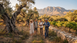 agritourism photograph in the Cretan countryside, Greece, adult travellers walking through an ancient olive grove