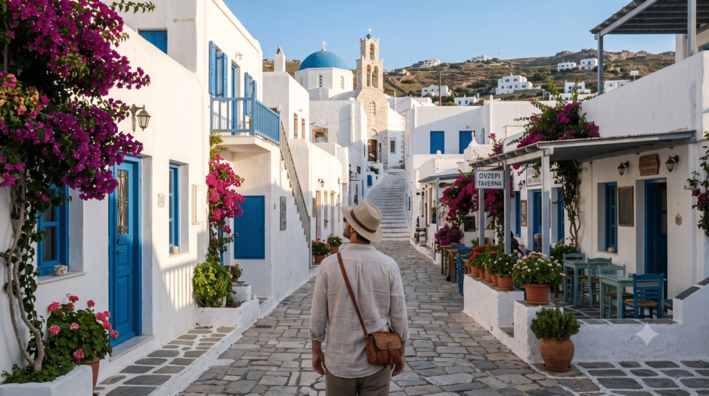 Cinematic lifestyle photograph of a traveller exploring the narrow streets of Mykonos Town, Greece, whitewashed Cycladic buildings surrounding a winding pedestrian lane