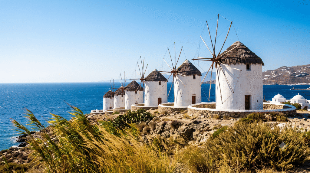Dramatic photorealistic landscape photograph of the historic windmills of Mykonos standing on a rocky hillside above the Aegean Sea,