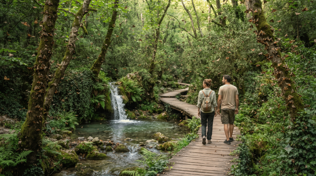 travel photograph inside the Valley of the Butterflies in Rhodes, Greece, lush green woodland with a narrow wooden pathway