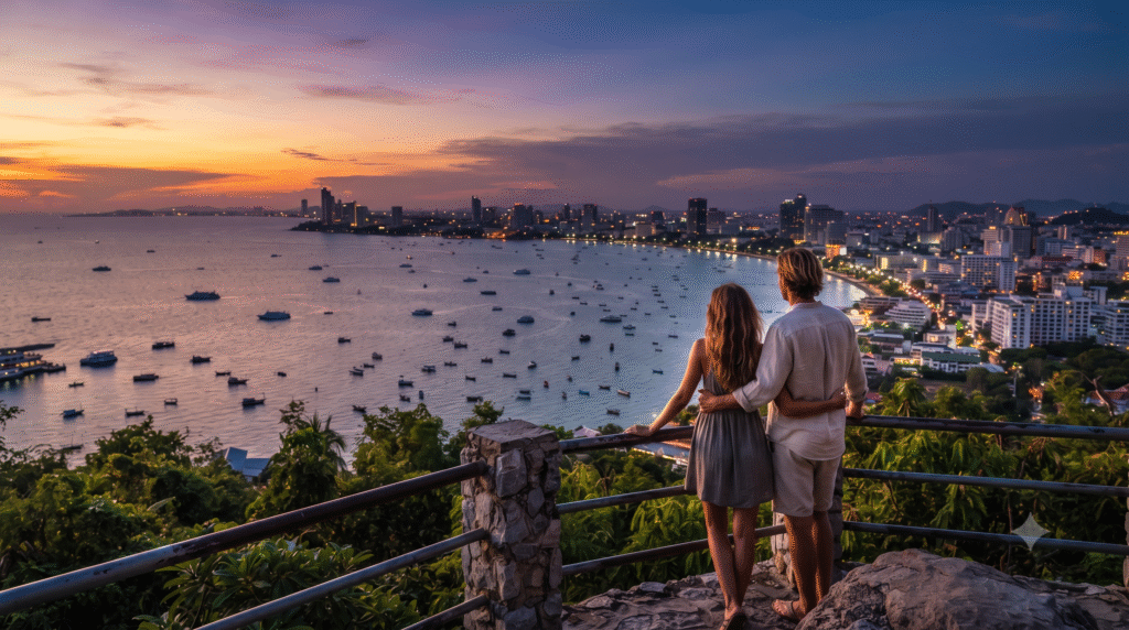 Photorealistic sunset viewpoint photograph overlooking Pattaya Bay from Pratumnak Hill, Thailand, dramatic sweeping view of the curved coastline