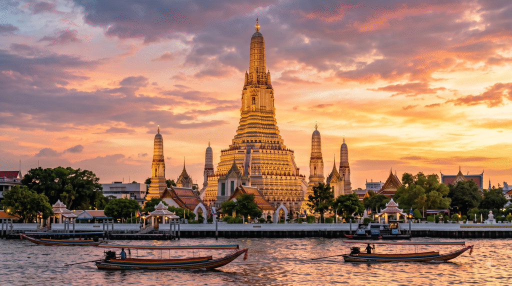 cinematic travel photograph of Wat Arun Temple of Dawn in Bangkok, Thailand, iconic tall central prang covered with intricate porcelain decorations