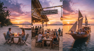 day with a spectacular tropical sunset from the beach, a beachfront café or a sunset cruise around the Gili Islands.