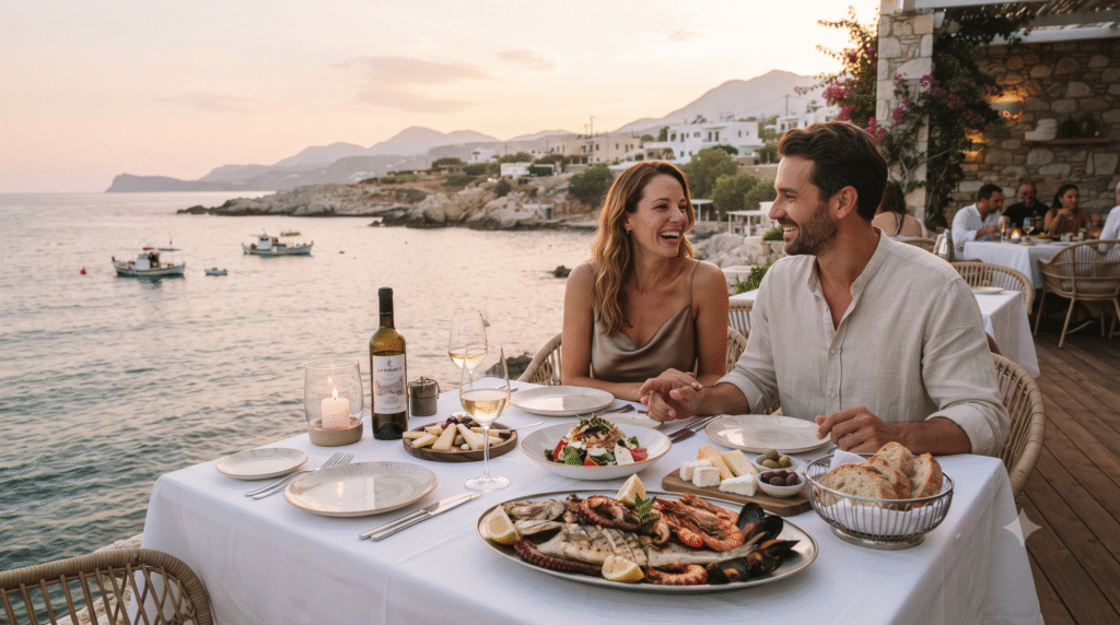 luxury culinary photograph of an adult couple enjoying dinner at an elegant seaside restaurant in Crete, Greece,