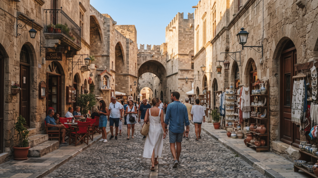 cinematic street photograph inside the Medieval City of Rhodes, Greece,
