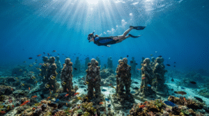 professional underwater photograph near Gili Meno, Indonesia, a female adult snorkeler wearing realistic snorkeling equipment swimming above an underwater sculpture installation, several human-shaped stone sculptures covered naturally with marine growth, colorful tropical fish moving between the sculptures, coral reef on the seabed