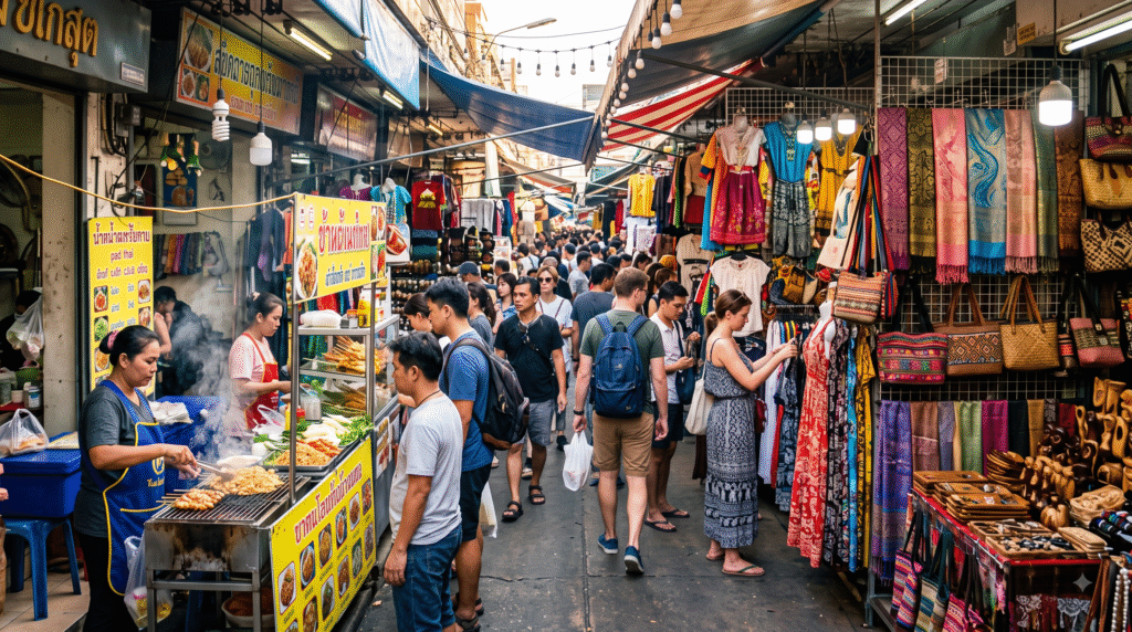 travel photograph of Chatuchak Weekend Market in Bangkok, Thailand, colourful market stalls filled with clothing, handicrafts, souvenirs, local products and Thai street food