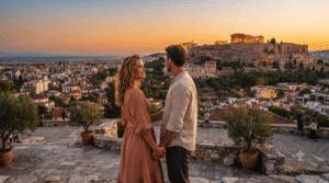 romantic travel photograph of an adult couple standing together at a scenic Athens viewpoint during sunset, illuminated Acropolis and Parthenon visible across the historic city